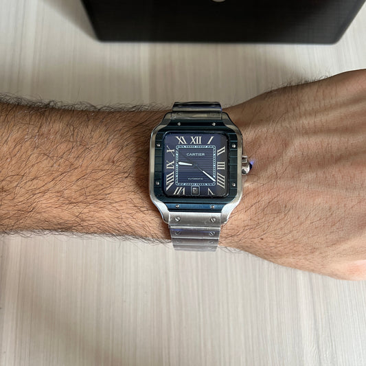 CARTIER SANTOS PRATA AZUL 40MM X 47MM