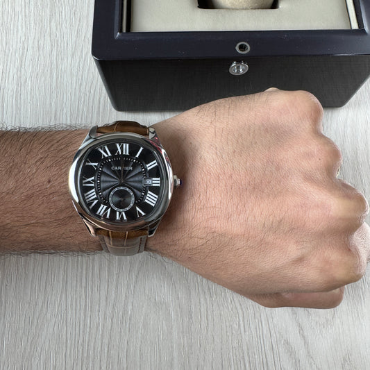 CARTIER DRIVE PRATA PRETO COURO 41MM