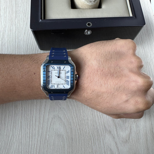 CARTIER SANTOS PRATA AZUL 40MM X 47MM