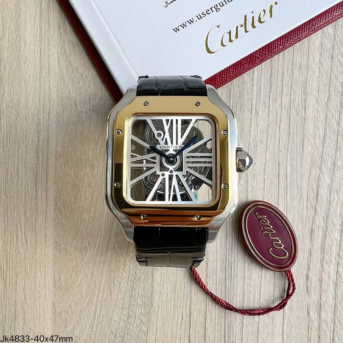 CARTIER SANTOS ESQUELETO PRATA DOURADO COURO 40MM X 47MM