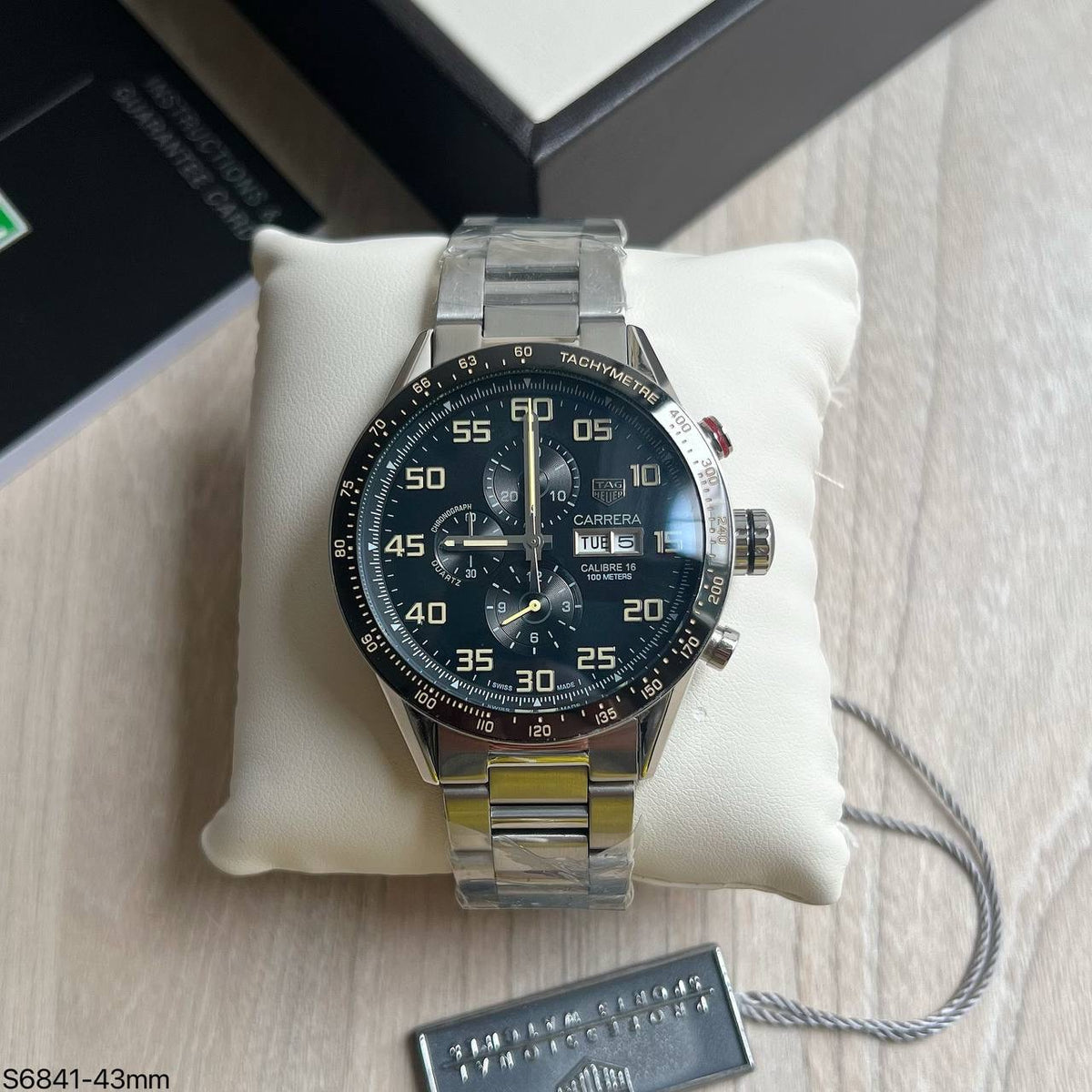 TAG HEUER CARRERA CAL 16 PRATA PRETO 43MM
