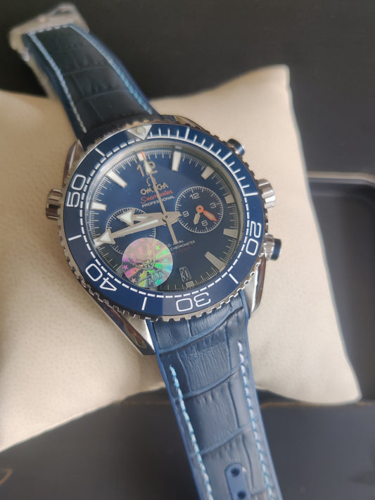 OMEGA SEAMASTER PRATA AZUL COURO 45MM