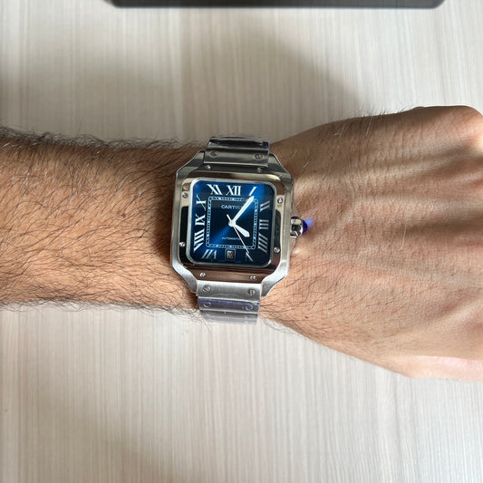 CARTIER SANTOS PRATA AZUL 40MM X 47MM