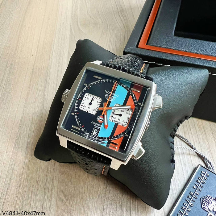 TAG HEUER MONACO PRATA PRETO COURO 40MM