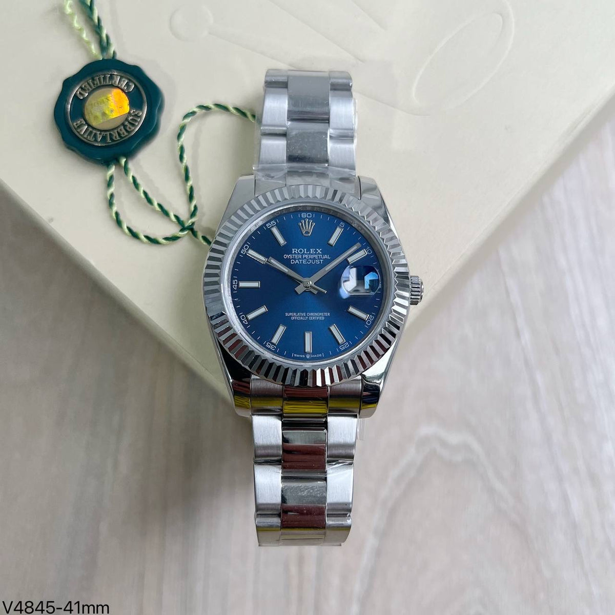 ROLEX DATEJUST PRATA AZUL CANELADO 41MM