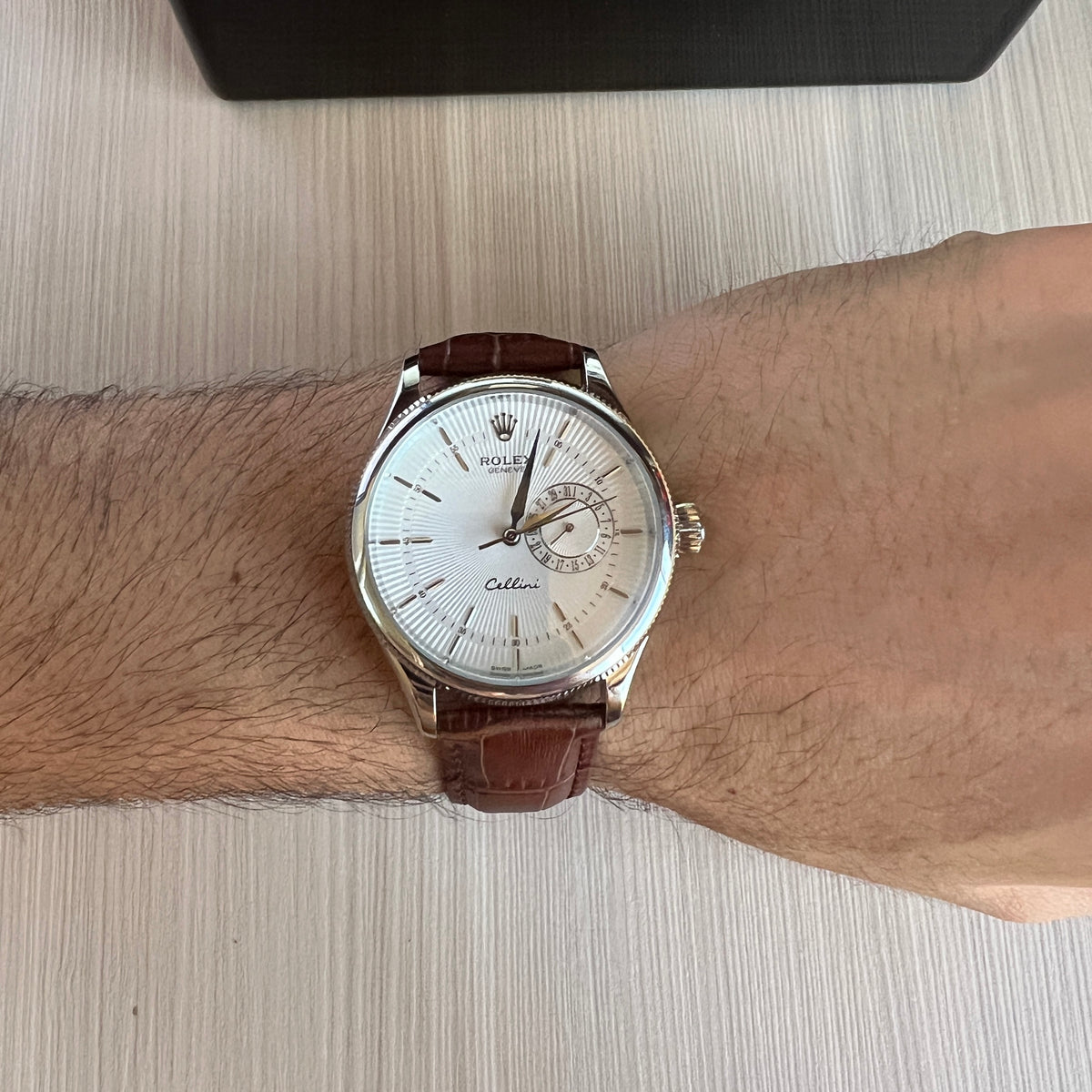 ROLEX CELLINI PRATA COURO 40MM