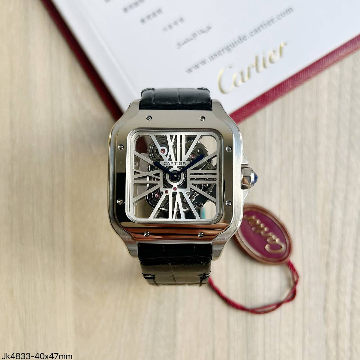 CARTIER SANTOS ESQUELETO PRATA COURO 40MM X 47MM