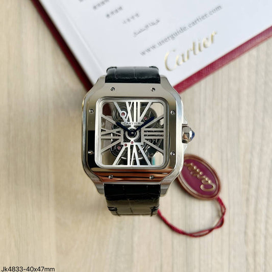 CARTIER SANTOS ESQUELETO PRATA COURO 40MM X 47MM