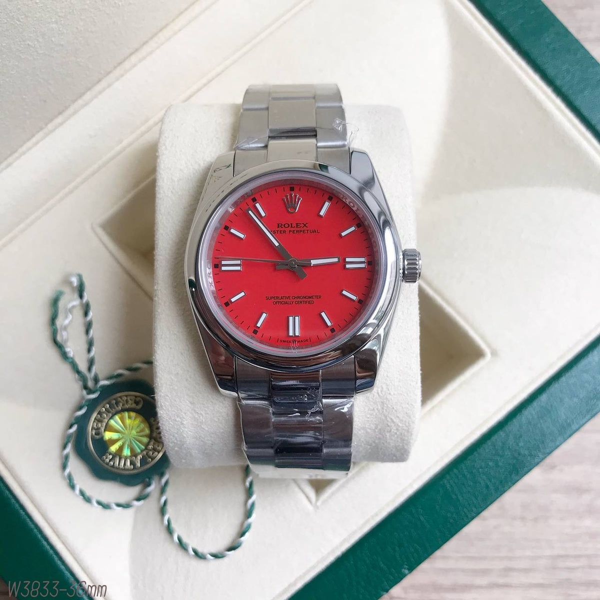 ROLEX OYSTER PERPETUAL PRATA VERMELHO FEMININO 36MM