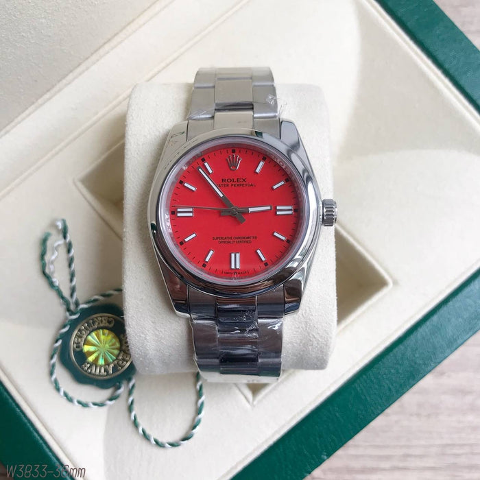 ROLEX OYSTER PERPETUAL PRATA VERMELHO FEMININO 36MM