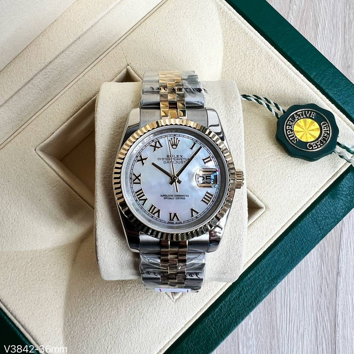 ROLEX DATEJUST MISTO DOURADO MADRE PEROLA FEMININO 36MM