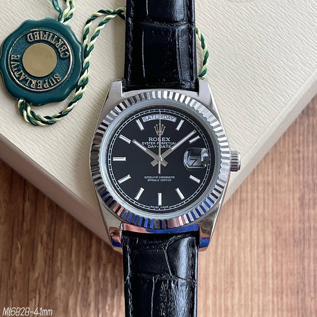 ROLEX DAY-DATE PRATA PRETO COURO 40MM