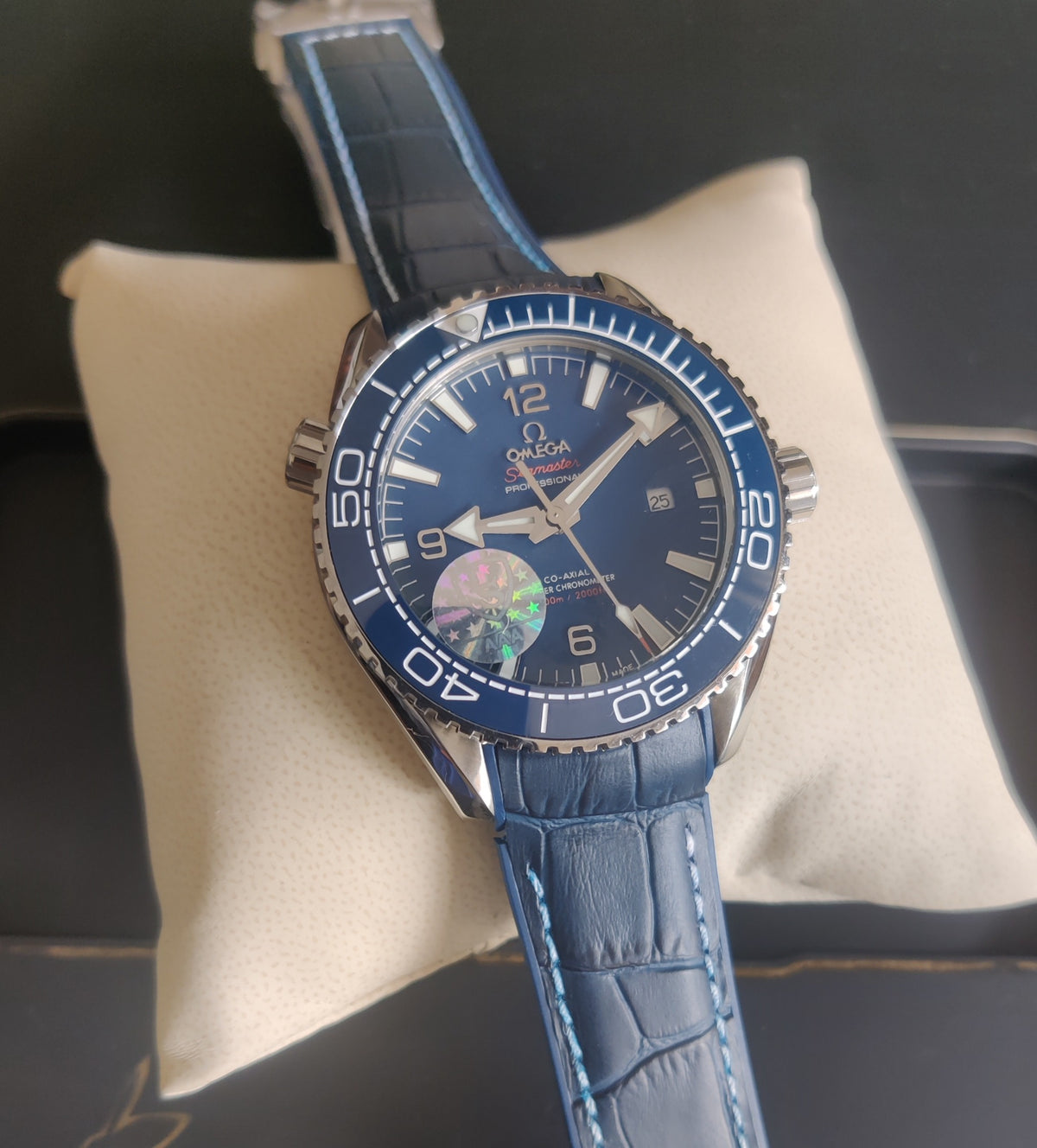 OMEGA SEAMASTER PRATA AZUL COURO 45MM
