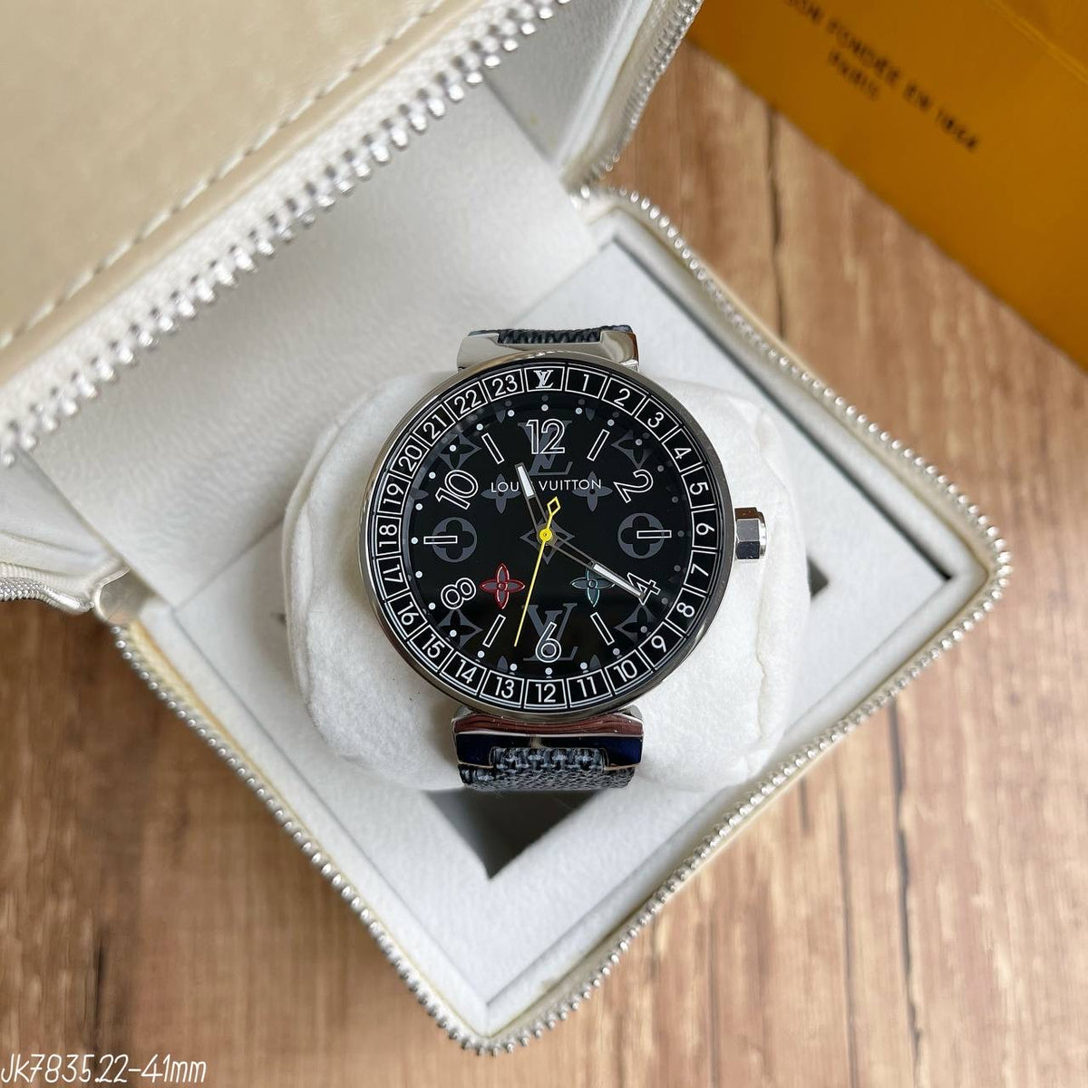 LOUIS VUITTON TAMBOUR PRATA PRETO COURO 41MM