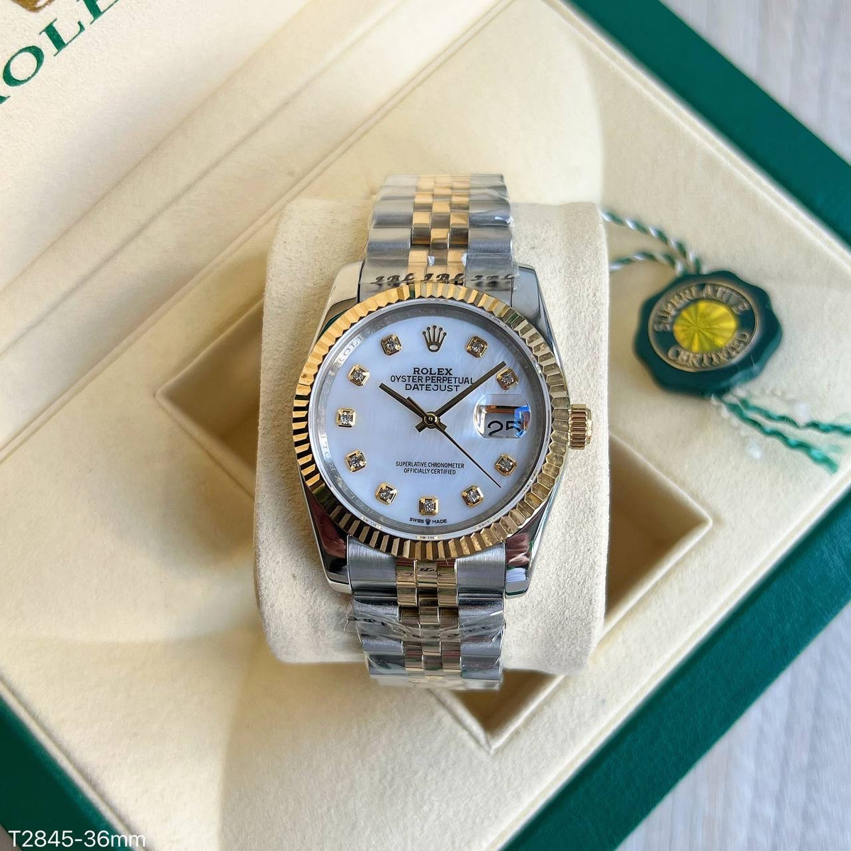 ROLEX DATEJUST MISTO DOURADO MADRE PEROLA FEMININO 36MM