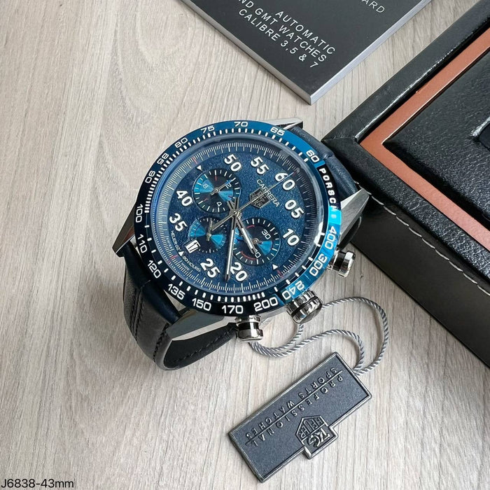 TAG HEUER CARRERA 02 PRATA AZUL COURO 46MM