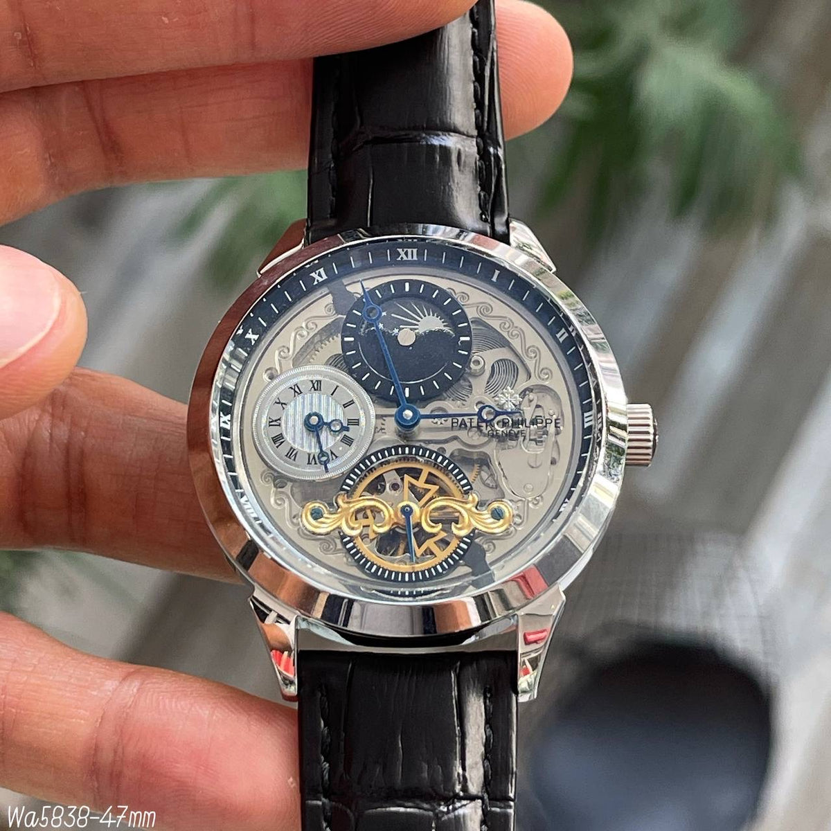 PATEK PHILIPPE ESQUELETO PRATA COURO 42MM