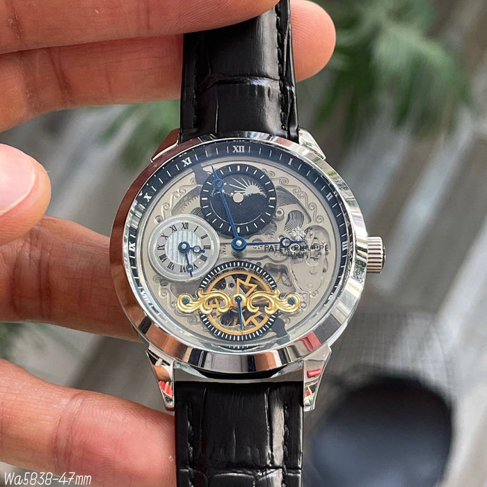 PATEK PHILIPPE ESQUELETO PRATA COURO 42MM
