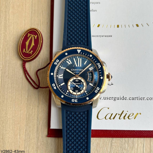 CARTIER DIVER PRATA ROSE AZUL BORRACHA 43MM