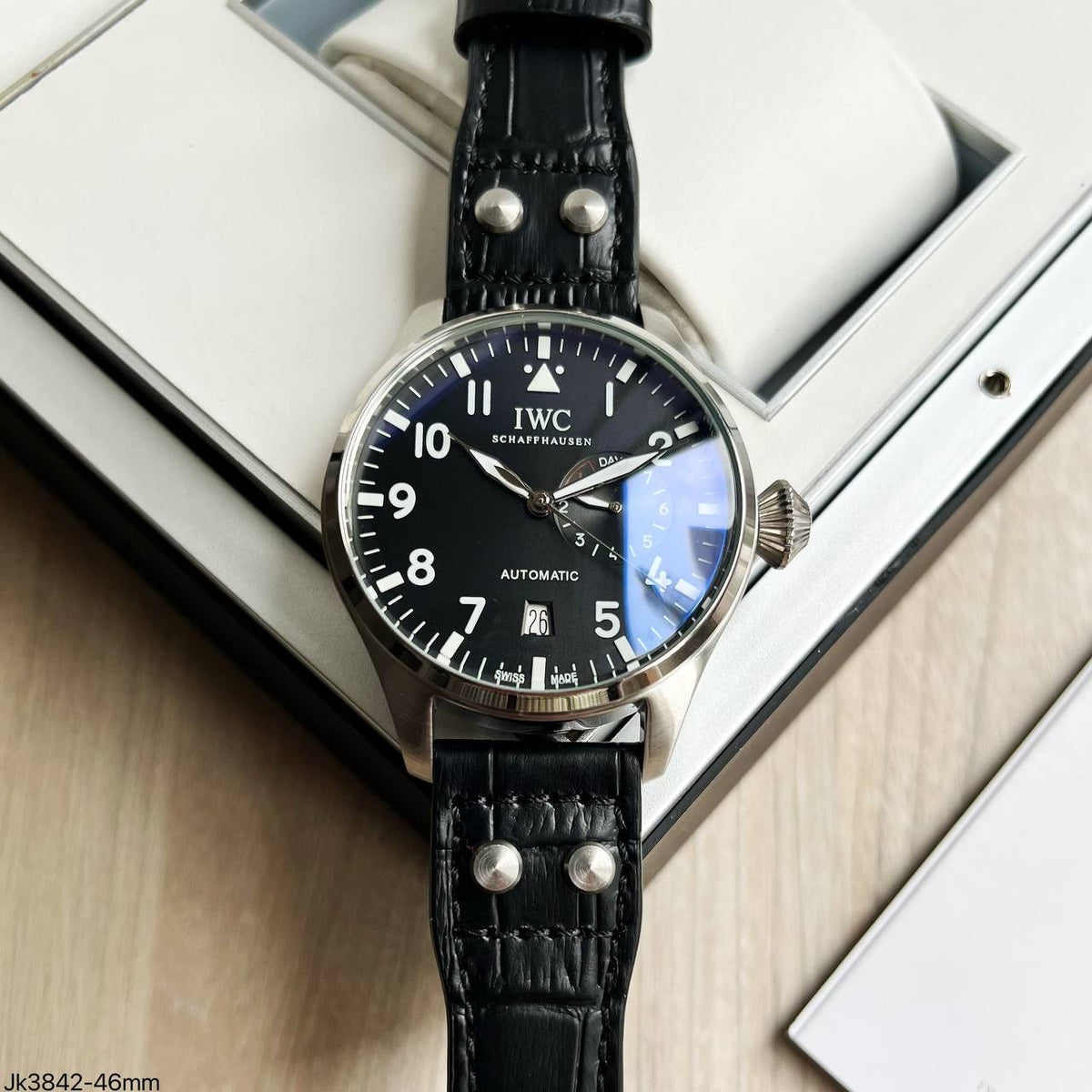 IWC BIG PILOT PRATA PRETO COURO AUTOMÁTICO 46MM