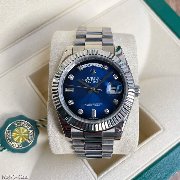 ROLEX DAY-DATE PRATA AZUL BRILHANTES 40MM