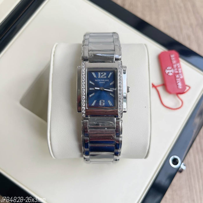 PATEK PHILIPPE PRATA AZUL BRILHANTES FEMININO 26X31MM