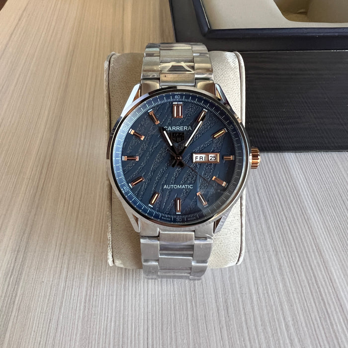 TAG HEUER CARRERA CAL 5 PRATA AZUL ROSE AUTOMATICO 41MM