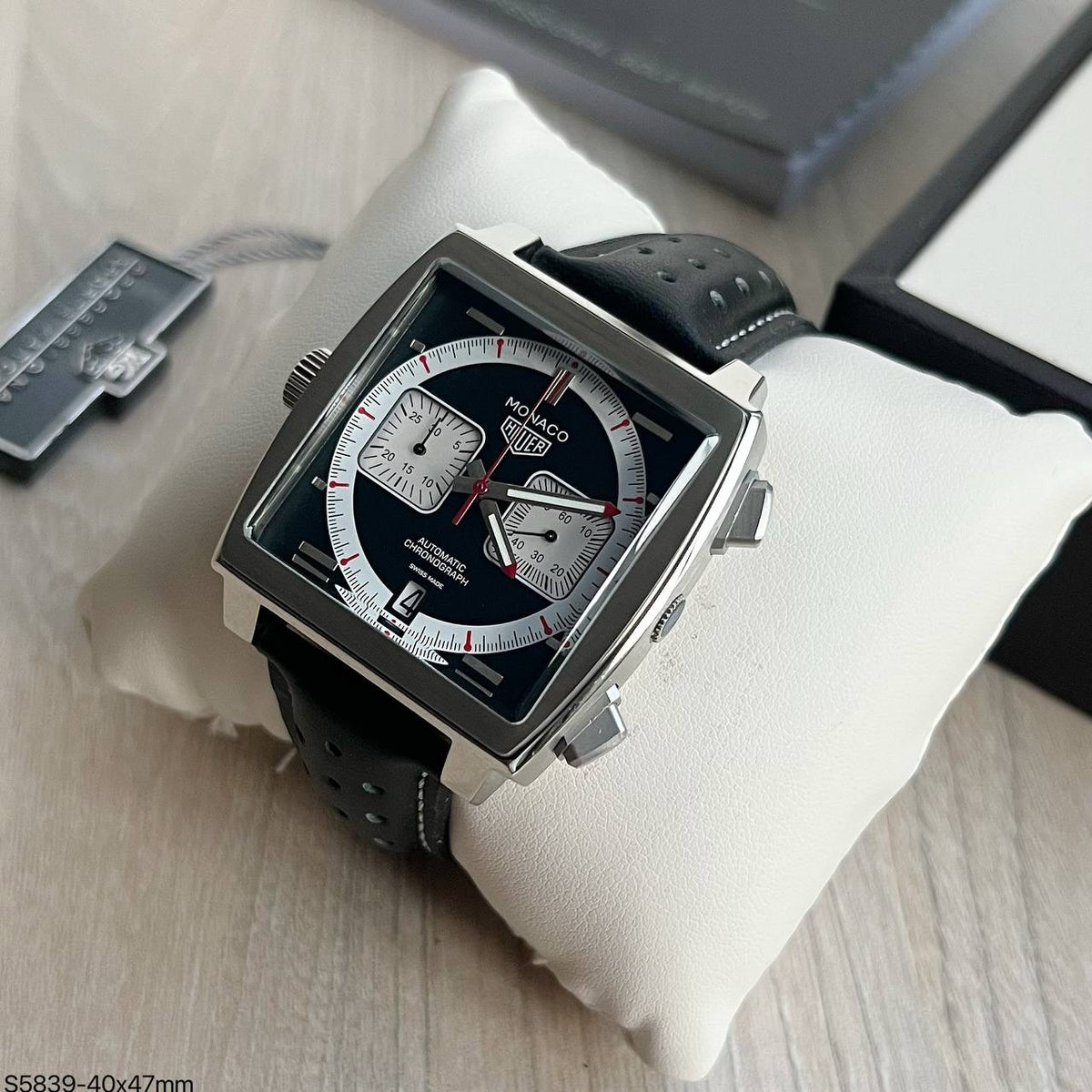 TAG HEUER MONACO PRATA PRETO COURO 40MM