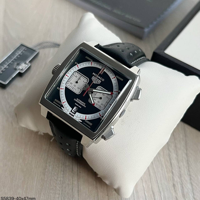 TAG HEUER MONACO PRATA PRETO COURO 40MM