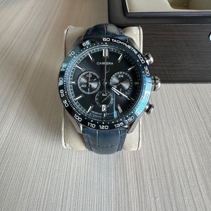 TAG HEUER CARRERA PRATA AZUL COURO 41MM