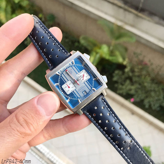 TAG HEUER MONACO PRATA AZUL COURO 40MM