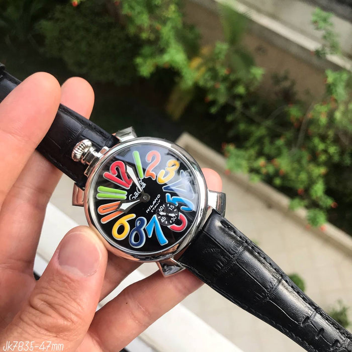 GAGA MILANO PRATA PRETO COURO 47MM