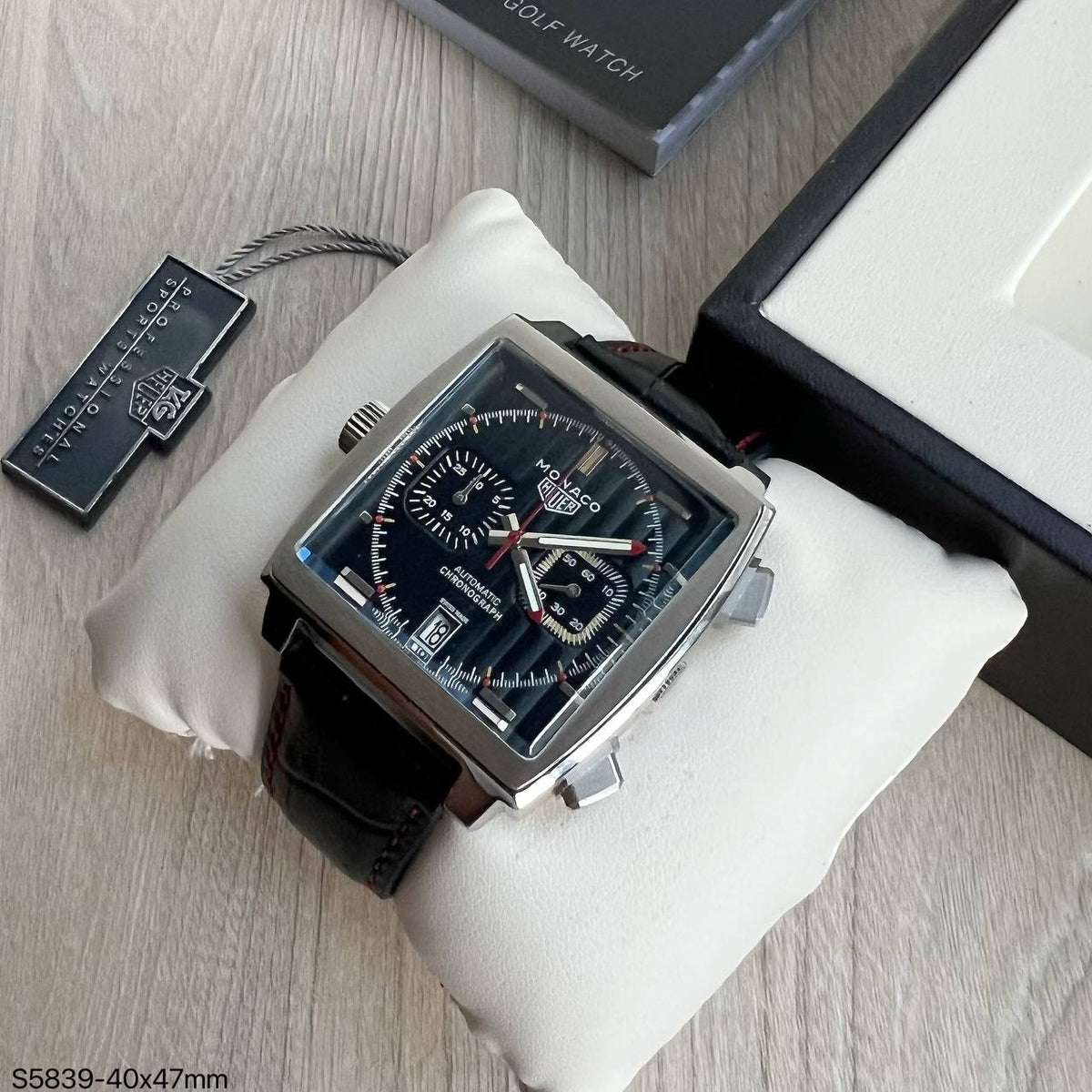 TAG HEUER MONACO PRATA PRETO COURO 40MM