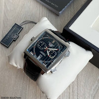 TAG HEUER MONACO PRATA PRETO COURO 40MM