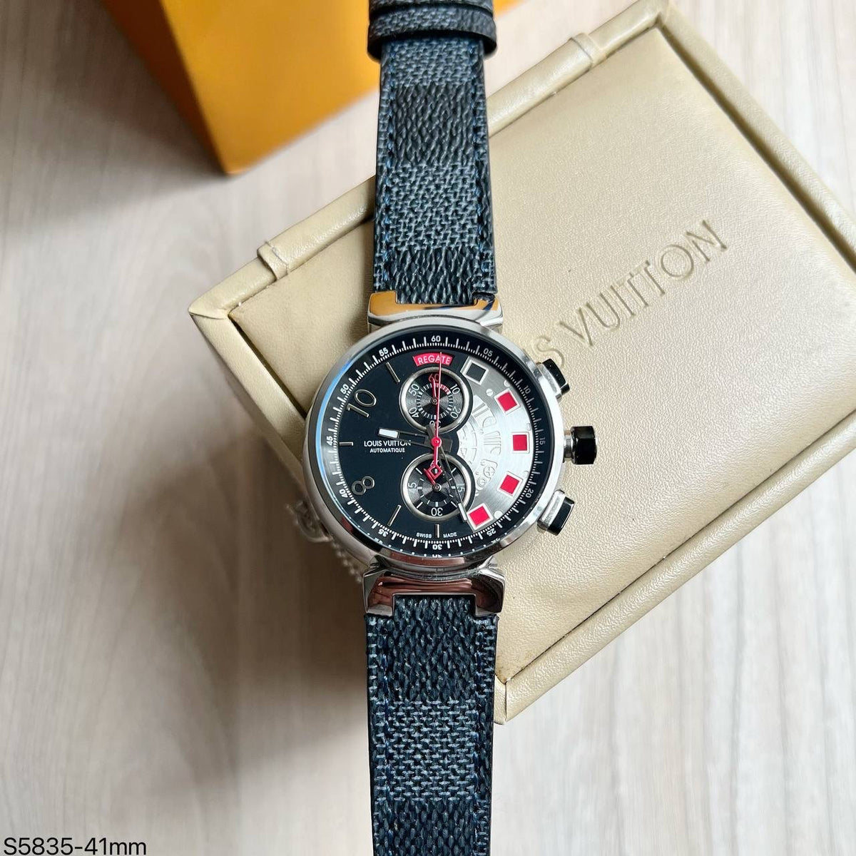LOUIS VUITTON TAMBOUR PRATA COURO 41MM