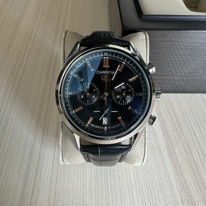 TAG HEUER CARRERA PRATA PRETO COURO 41MM