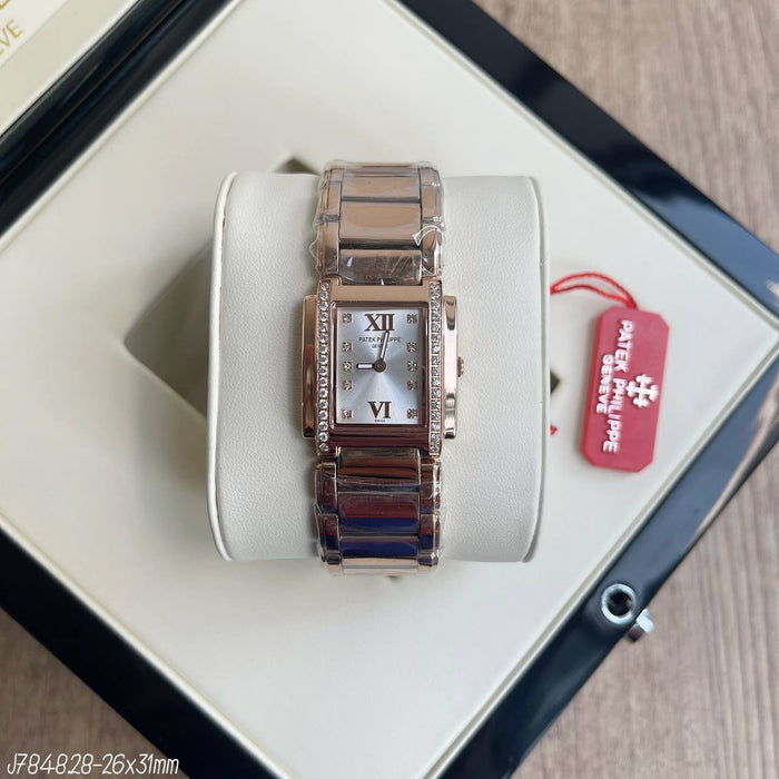 PATEK PHILIPPE ROSE BRANCO BRILHANTES FEMININO 26X31MM