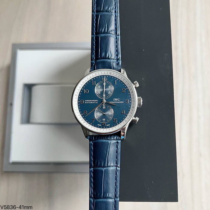 IWC PORTUGUESE PRATA AZUL COURO 41MM