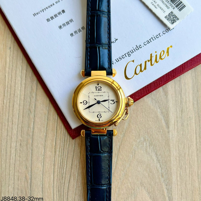 CARTIER PASHA DOURADO COURO AZUL 32MM FEMININO