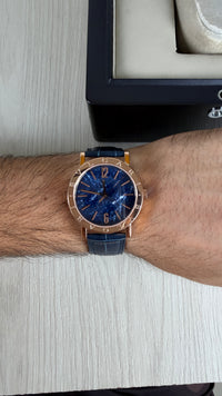 BVLGARI ROMA ROSE AZUL COURO AUTOMATICO 38MM