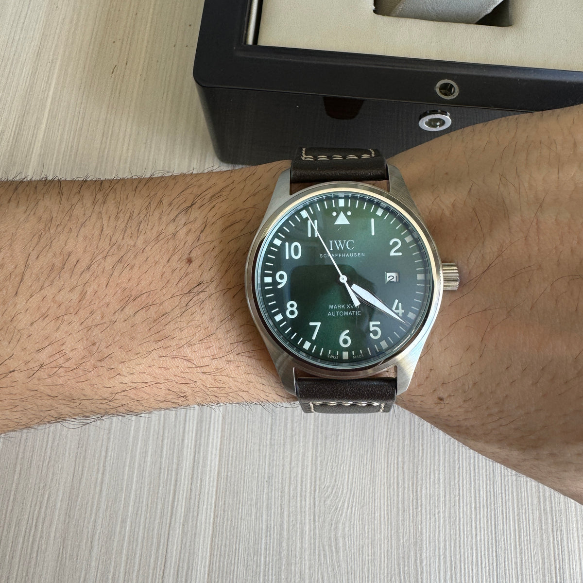 IWC MARK XVIII PRATA VERDE COURO AUTOMÁTICO 41MM
