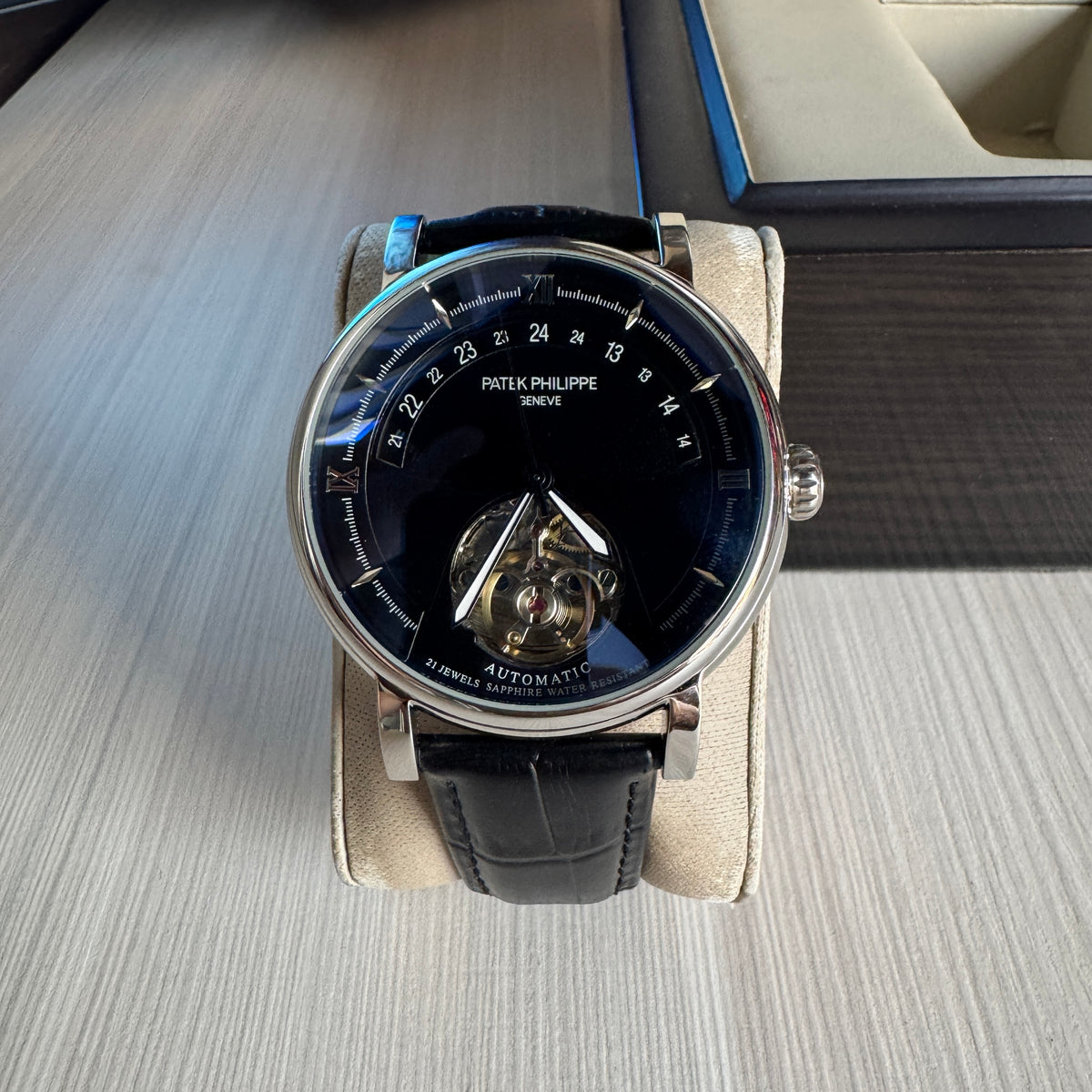 PATEK PHILIPPE PRATA PRETO COURO AUTOMATICO 43MM