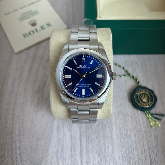 ROLEX OYSTER PERPETUAL PRATA AZUL 41MM