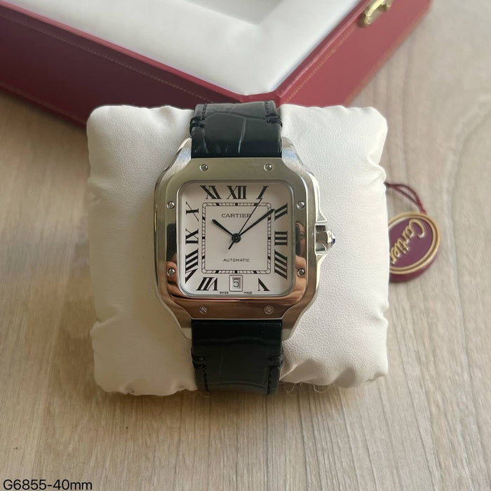 CARTIER SANTOS PRATA COURO 40MM X 47MM