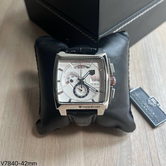TAG HEUER MONACO PRATA BRANCO COURO 42MM
