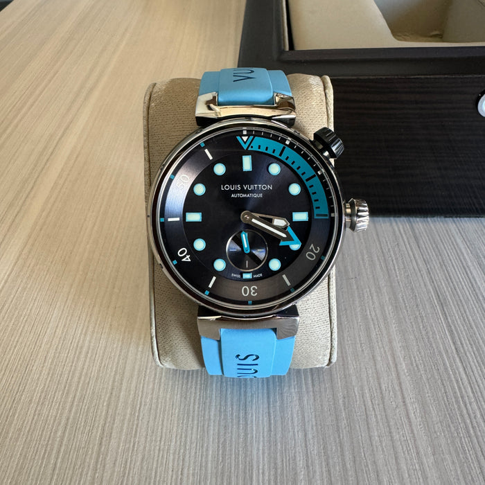 LOUIS VUITTON TAMBOUR PRATA AZUL BORRACHA 41MM