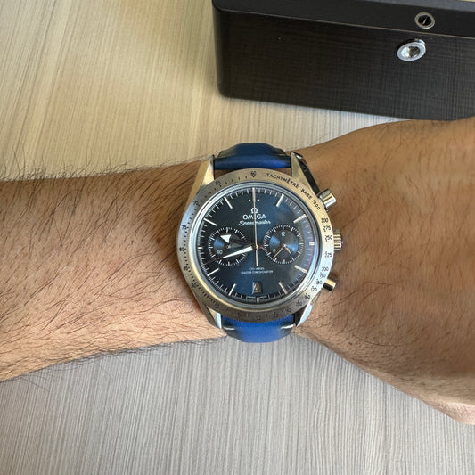 OMEGA SPEEDMASTER PRATA COURO AZUL 44MM