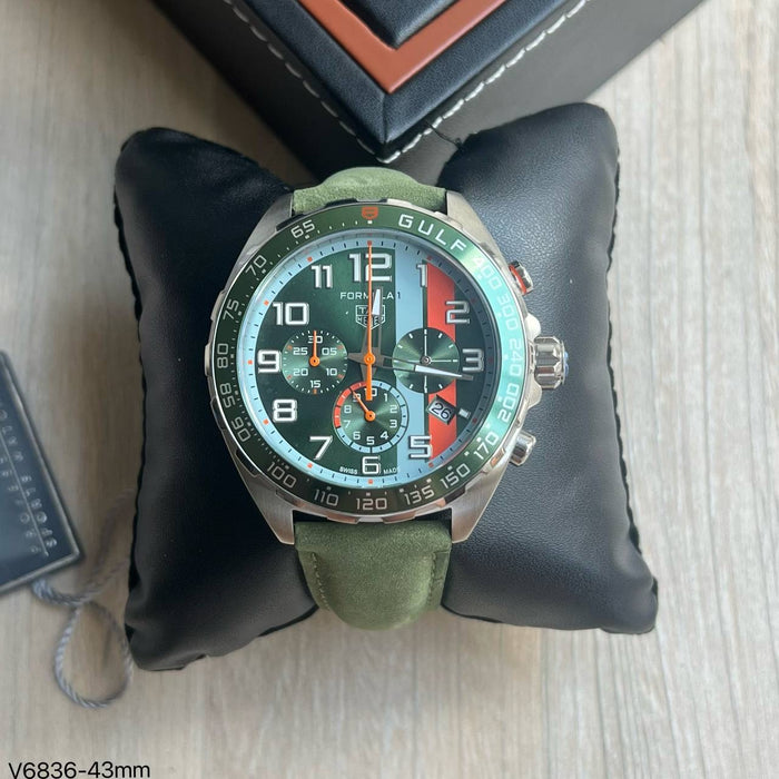 TAG HEUER F1 FORMULA 1 PRATA VERDE COURO GULF 43MM