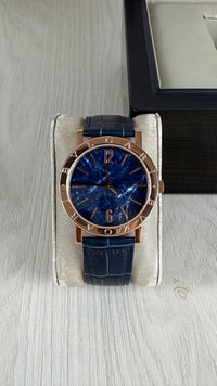 BVLGARI ROMA ROSE AZUL COURO AUTOMATICO 38MM