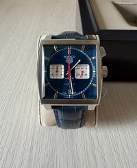 TAG HEUER MONACO PRATA AZUL COURO 42MM